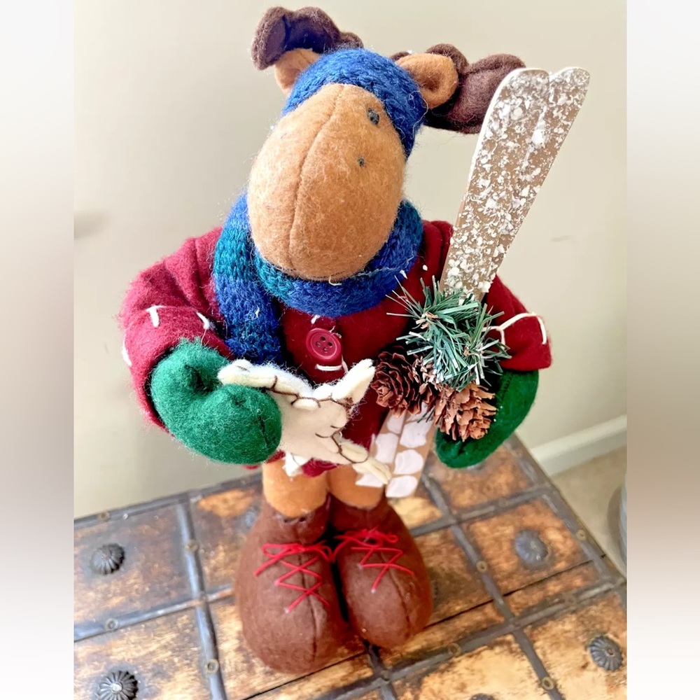 Vintage Christmas Woodland Moose With Skis Plush Decor